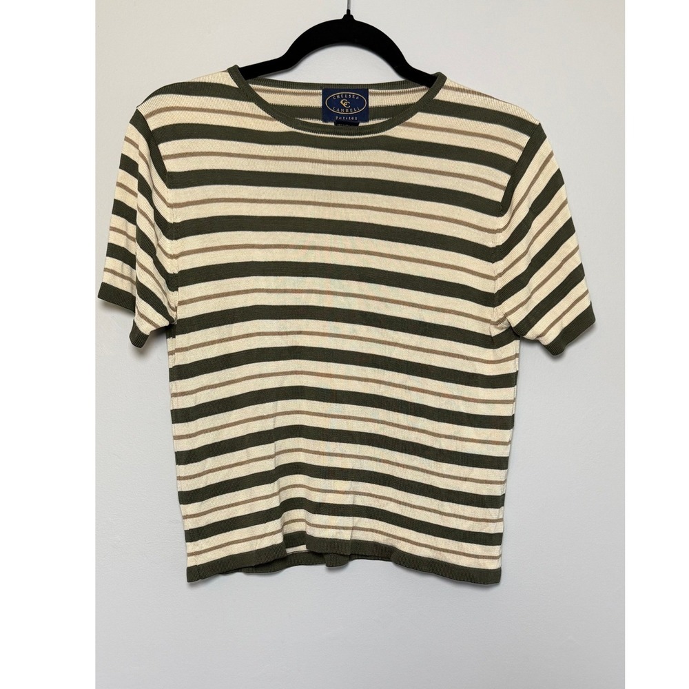 Chelsea Campbell Petites 100% Silk Olive Tan Cream Striped Knit Shell M